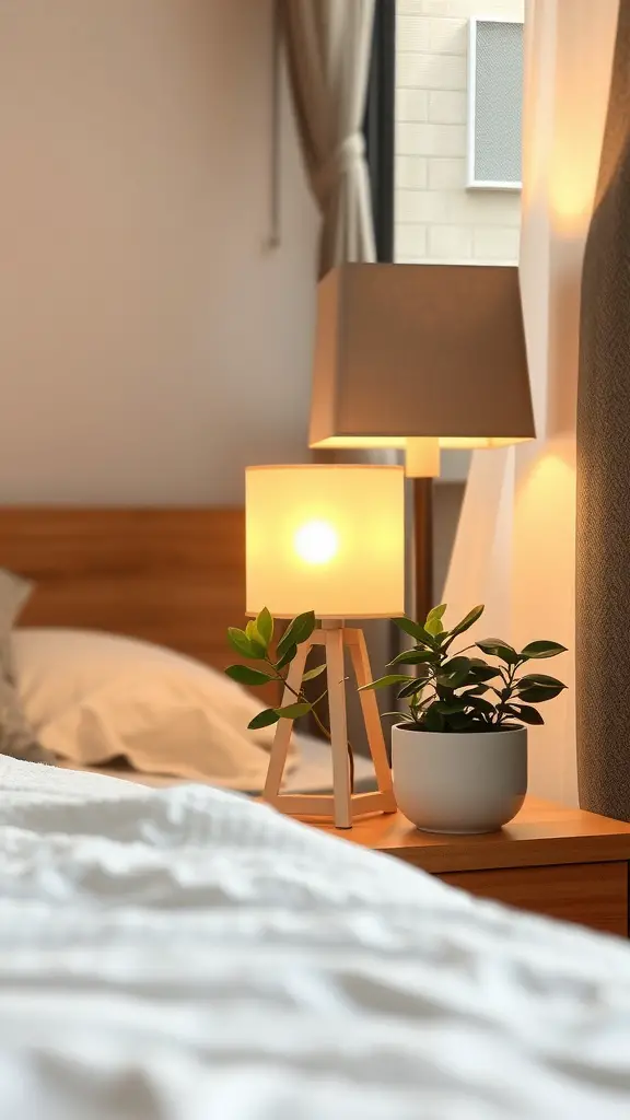 A cozy nightstand with a lamp and a small potted plant.