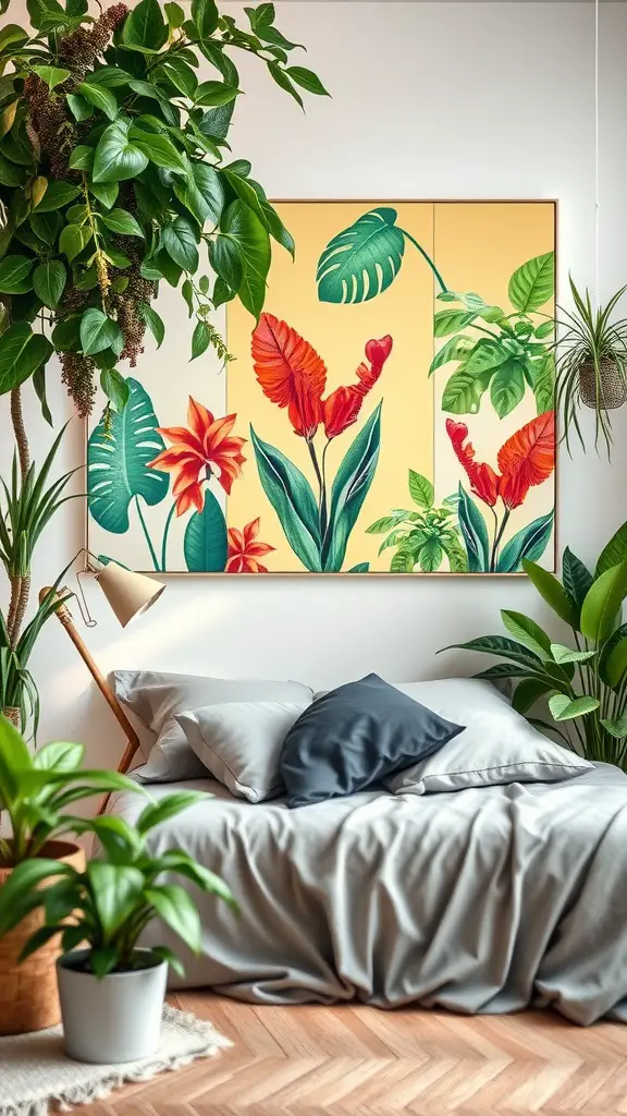 A bedroom featuring plant-themed wall art with tropical leaves and flowers.