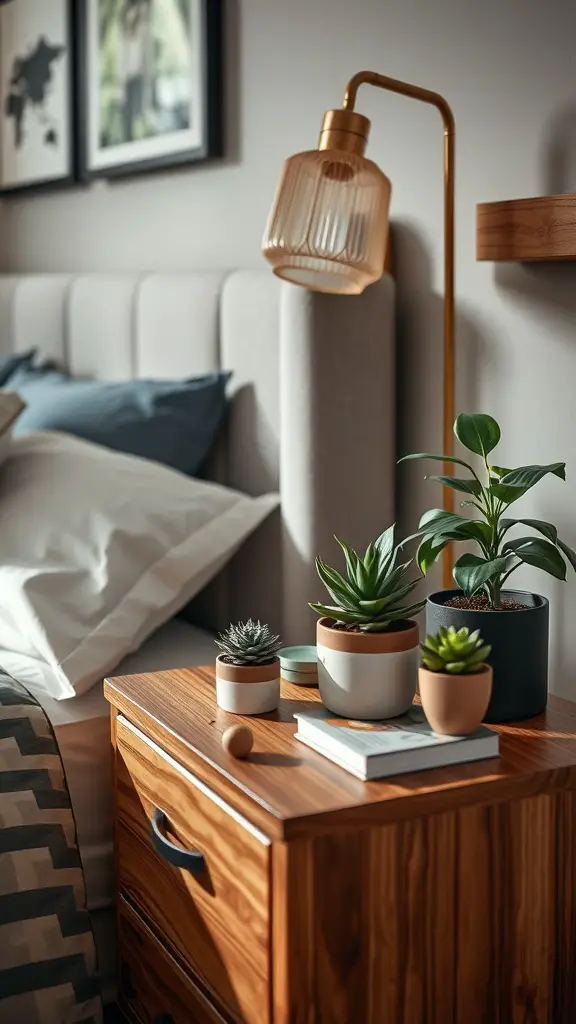 A stylish nightstand with various small potted plants and a lamp in a cozy bedroom setting.