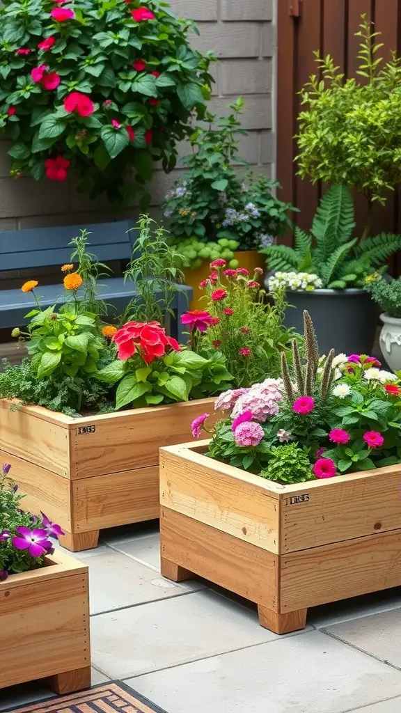 Wooden planter boxes filled with colorful flowers on a patio