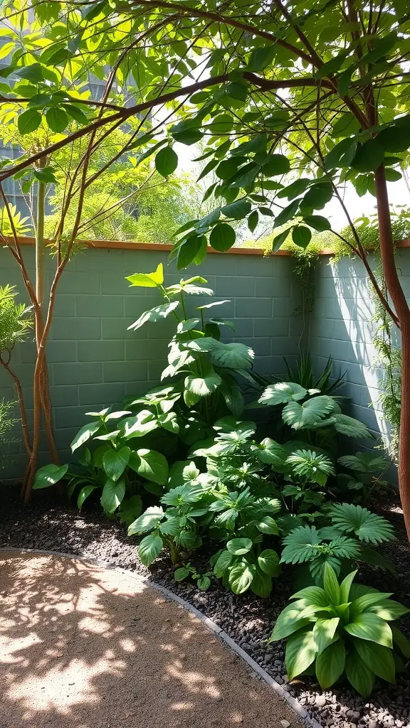 A small garden design featuring a variety of lush green plants in shaded light.