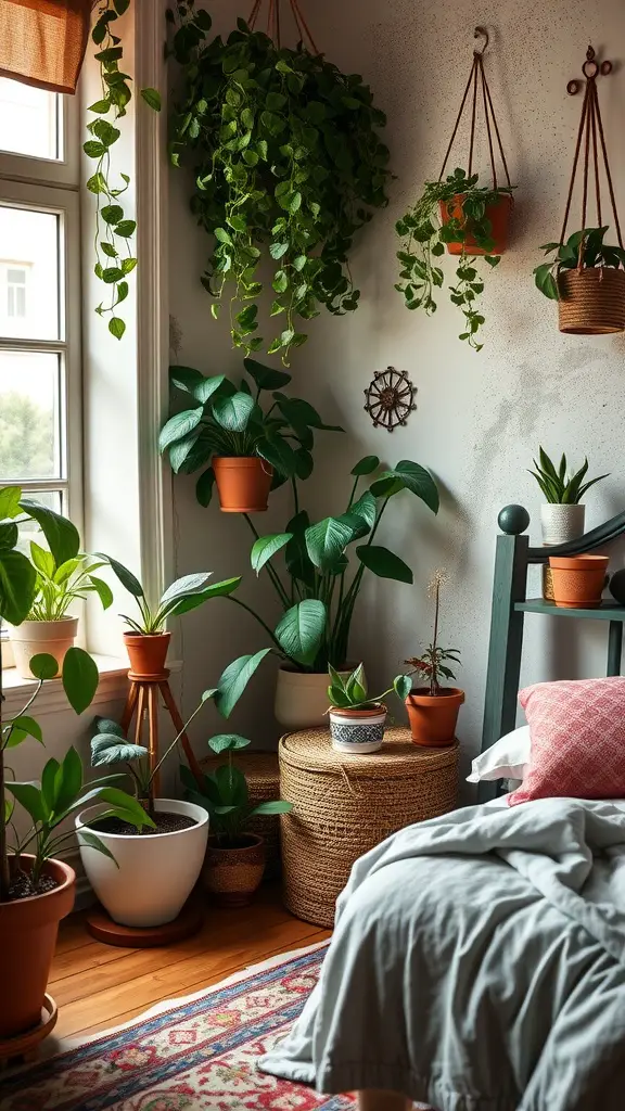 A cozy vintage bedroom filled with various plants, including hanging pots and potted plants on the floor, creating a warm and inviting atmosphere.