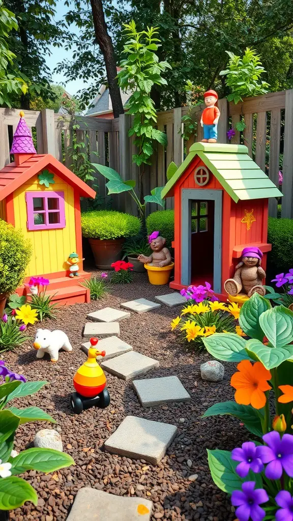 A vibrant children's garden featuring colorful playhouses, flowers, and playful decorations.