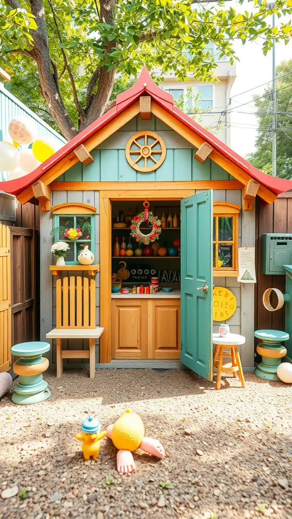 25 Creative Garden Shed Ideas for Your Outdoor Space 12 A colorful playhouse garden shed for kids with a welcoming design and playful decorations.