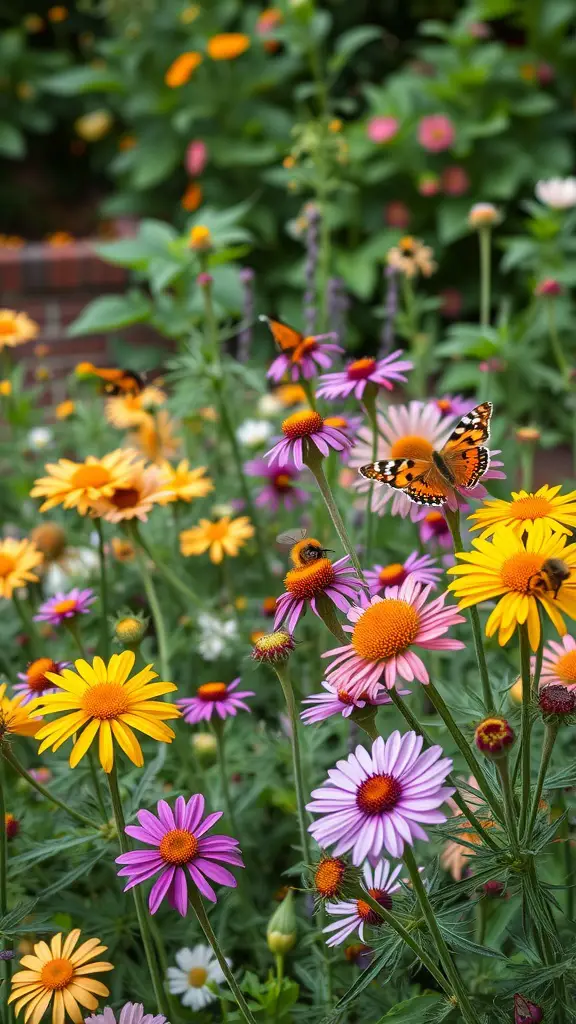 23 Stunning Perennial Garden Ideas to Transform Your Outdoor Space 10 A vibrant flower bed with yellow, pink, and orange flowers, attracting butterflies and bees.