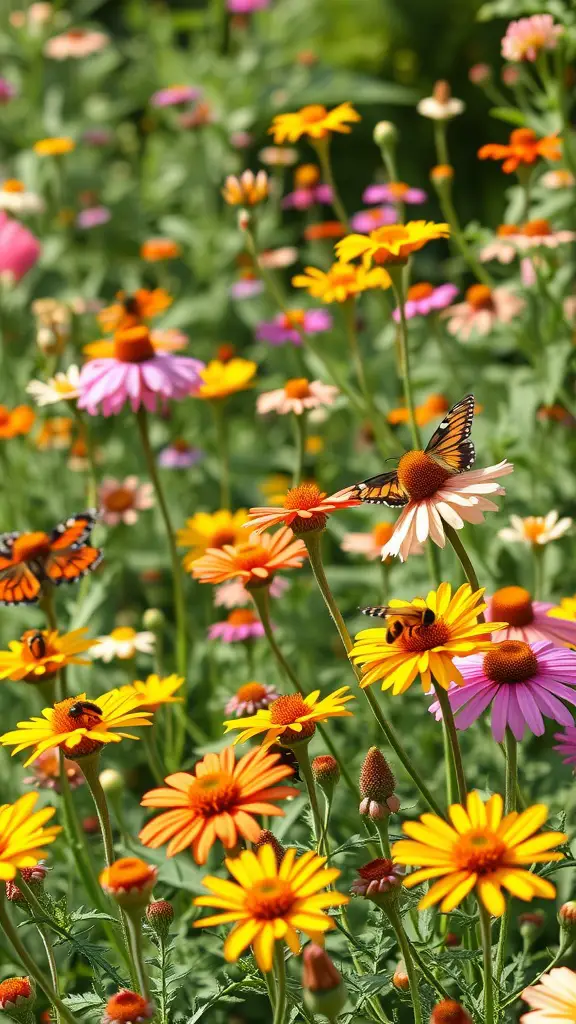 A vibrant garden filled with colorful flowers and butterflies, showcasing a pollinator-friendly environment.