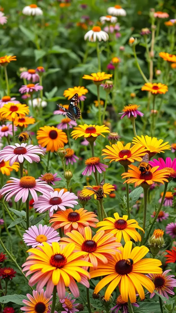 33 Creative Backyard Garden Ideas You Need to Try 8 A colorful garden filled with daisies and coneflowers, buzzing with bees and butterflies.