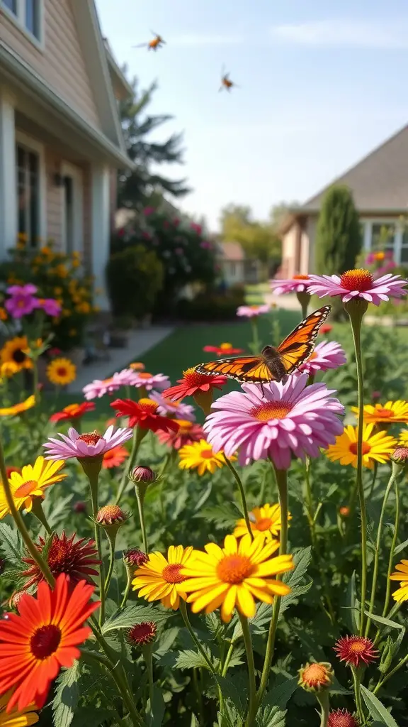 27 Stunning Front Garden Ideas to Transform Your Curb Appeal 14 A vibrant garden filled with colorful flowers and a butterfly sitting on one of the blooms.