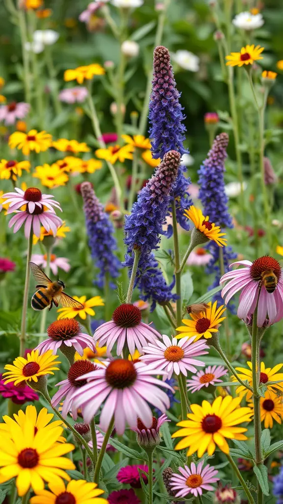 A colorful garden filled with various flowers attracting bees and other pollinators.