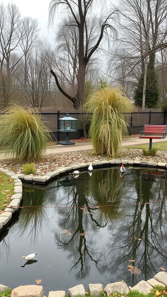 A serene backyard pond with ducks and lush greenery, ideal for bird watching.