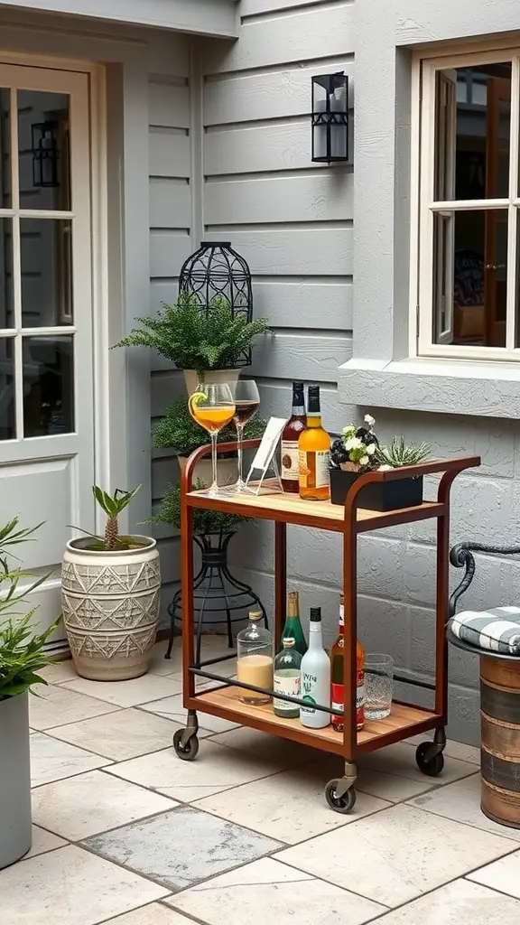 25 Creative Small Patio Ideas for Your Outdoor Space 13 A portable bar cart on a small patio, featuring drinks, plants, and a warm atmosphere.
