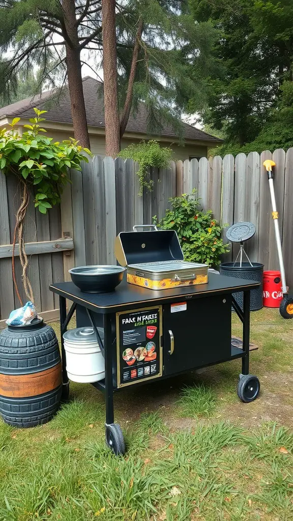 35 Creative Backyard Kitchen Ideas for Outdoor Cooking Enthusiasts 20 A portable cooking station in a backyard, featuring a grill, bowls, and storage.