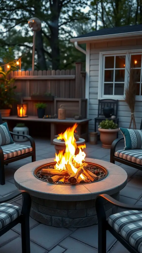 A cozy patio with a portable fire pit surrounded by comfortable seating, illuminated by soft lighting.