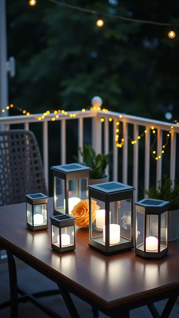 A collection of solar lanterns on a balcony table, glowing softly in the evening light.