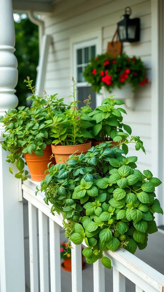 Potted herbs on a front porch railing