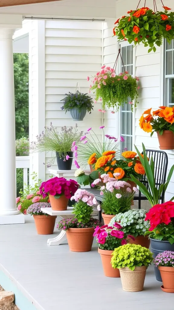 A vibrant farmhouse front porch adorned with various potted plants and hanging greenery.