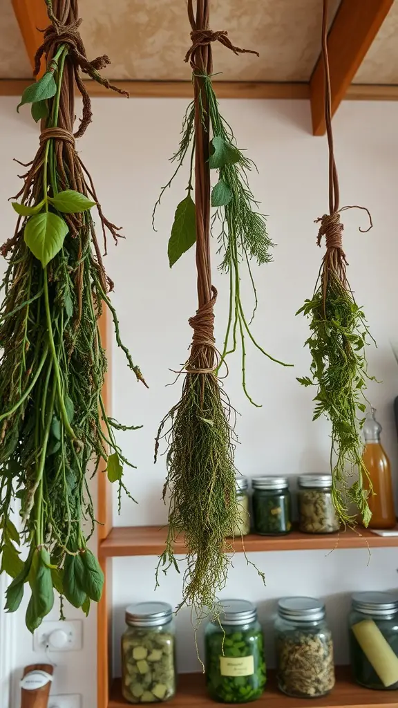 27 Essential Herbs to Grow in Your Outdoor Garden 17 Hanging herbs for preservation with jars of dried herbs in the background.