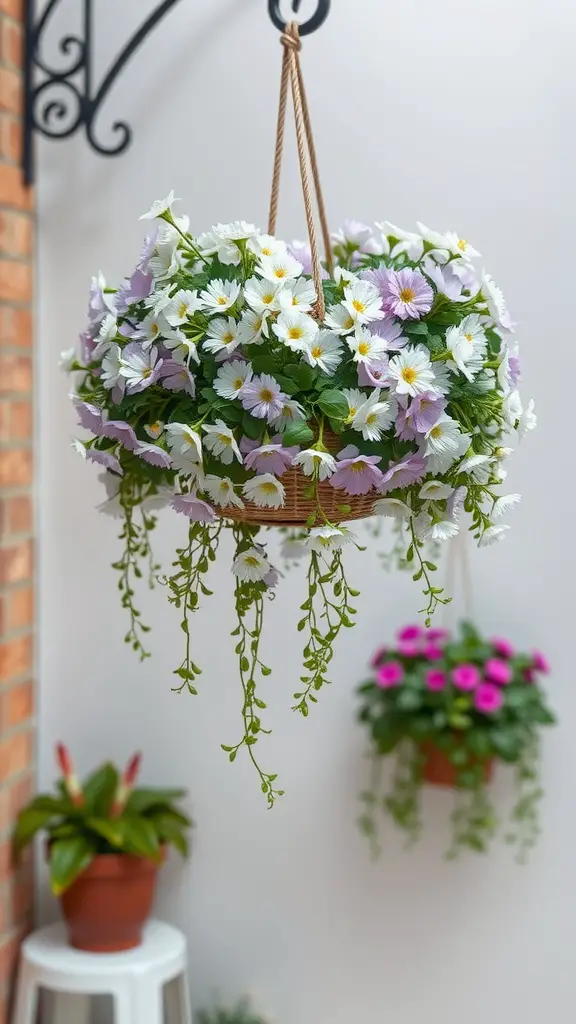 25 Beautiful Flowers Perfect for Container Gardening 18 Hanging basket filled with white and purple Scaevola flowers, with trailing greenery, against a light background.