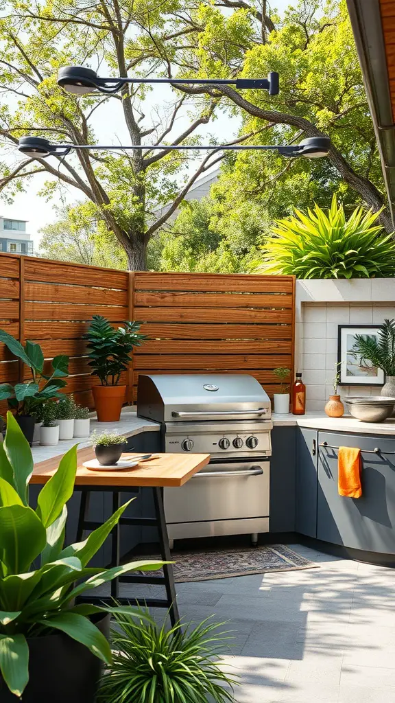 35 Creative Backyard Kitchen Ideas for Outdoor Cooking Enthusiasts 31 An outdoor kitchen area featuring a grill, wooden privacy screens, and lush greenery.