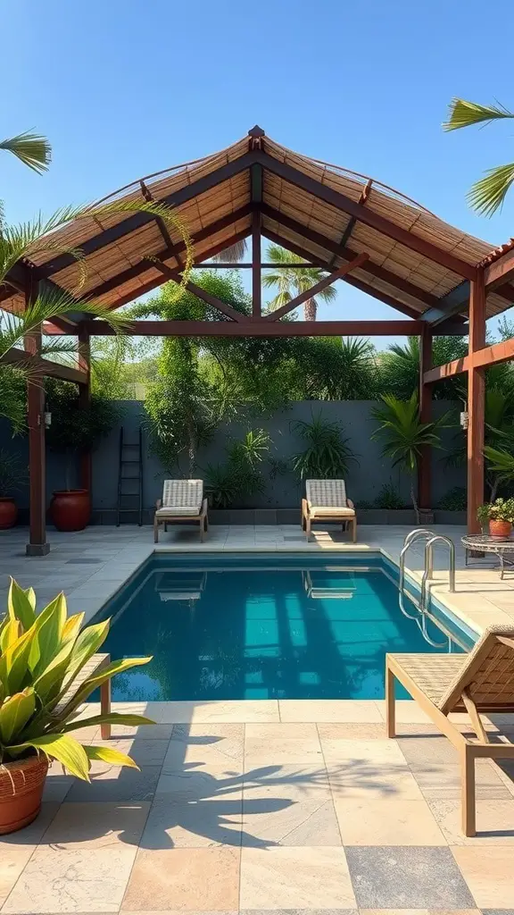 A serene pool pavilion with lounge chairs, surrounded by plants, featuring a shaded area for relaxation.