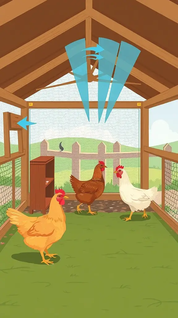 A chicken and duck coop showing ventilation features with birds inside.