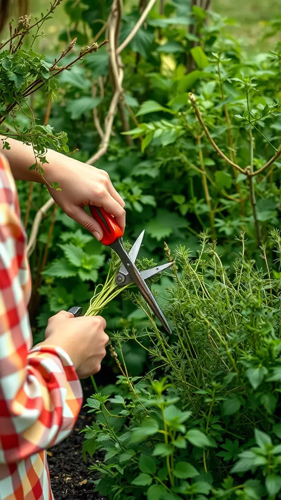 27 Essential Herbs to Grow in Your Outdoor Garden 15 A person pruning herbs in a lush garden with scissors