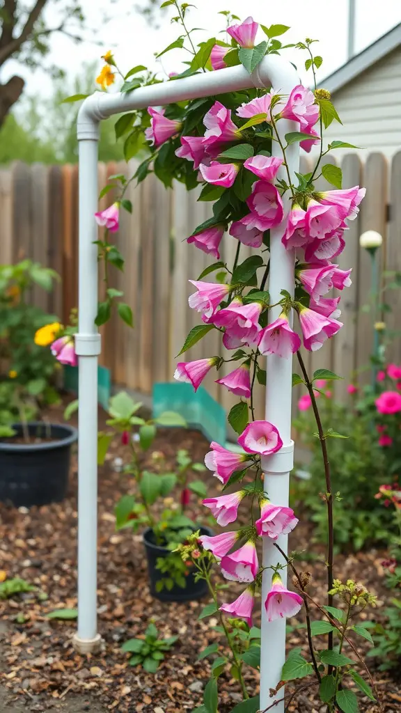 27 Creative DIY Garden Trellis Ideas for Your Outdoor Space 14 A PVC pipe trellis adorned with pink flowers in a garden.