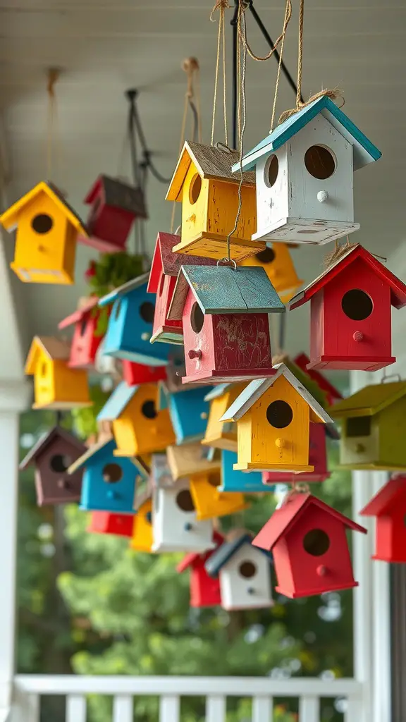 A colorful collection of hanging birdhouses in various shapes and sizes