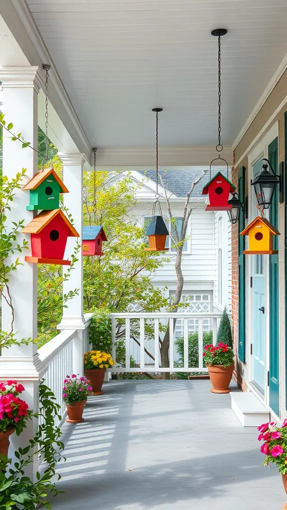 27 Cozy Front Porch Ideas for a Welcoming Home 28 Colorful birdhouses hanging from the eaves of a porch with potted flowers below