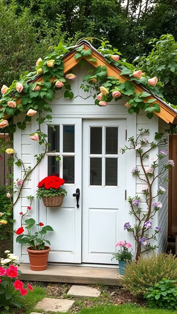 29 Creative Garden Shed Ideas for Every Backyard 10 A quaint cottage-style garden shed adorned with flowers and greenery.