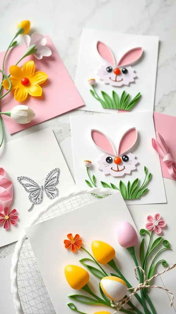 Colorful quilled paper Easter cards featuring bunnies and flowers.