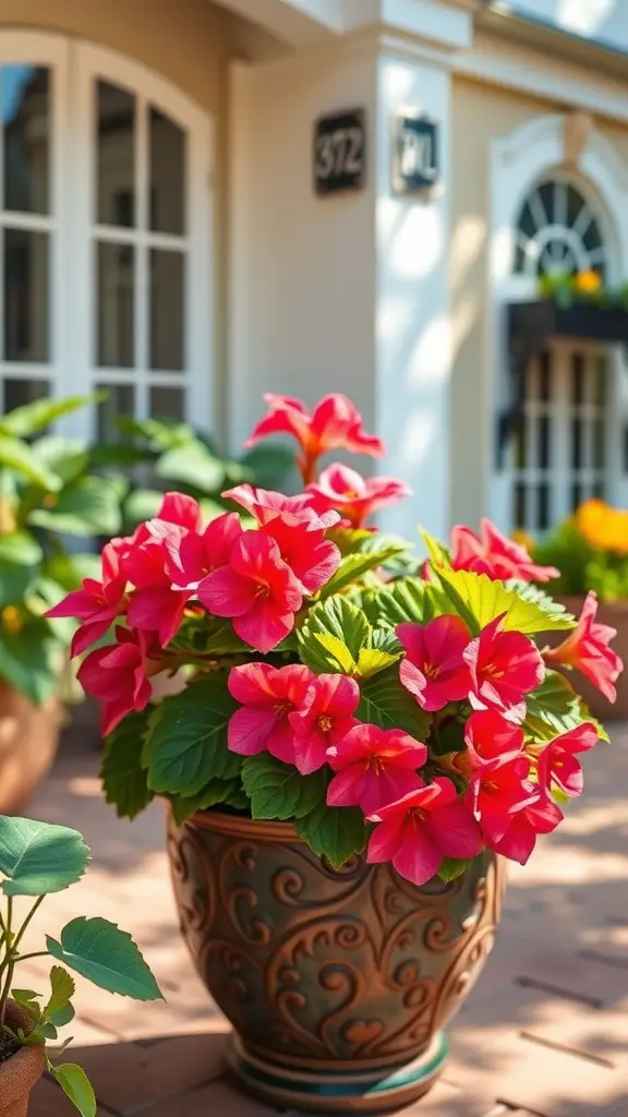 27 Stunning Potted Flowers Perfect for Your Patio 14 A pot of vibrant pink begonias sitting on a patio, showcasing their bright flowers and lush green leaves.