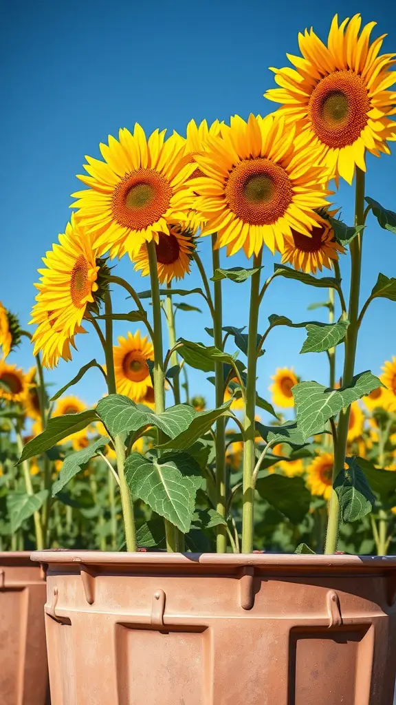 25 Beautiful Flowers Perfect for Container Gardening 28 Bright yellow sunflowers in terracotta pots under a blue sky
