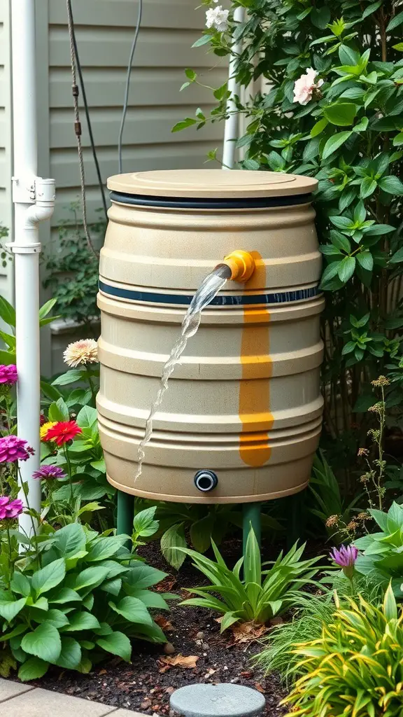 A rain barrel collection system with flowers in a garden