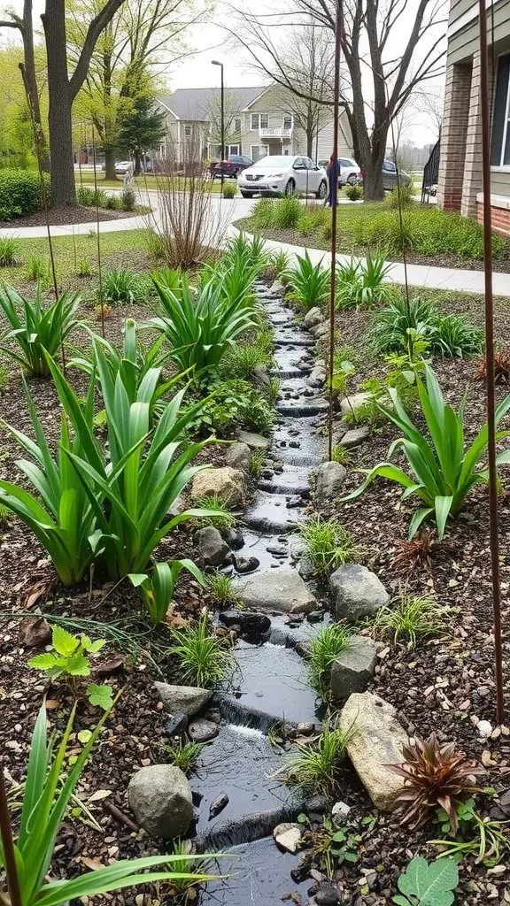 A rain garden featuring a stream lined with stones and lush green plants.