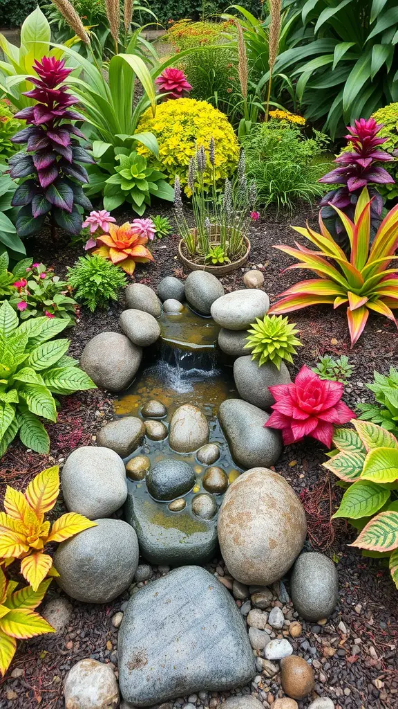 A vibrant rain garden with colorful plants and stones, showcasing water flow.