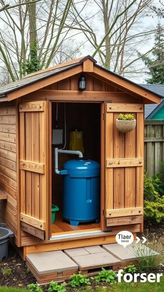 37 Creative Backyard Shed Ideas for Every Style 36 A wooden shed with a rainwater collection tank inside, surrounded by greenery.
