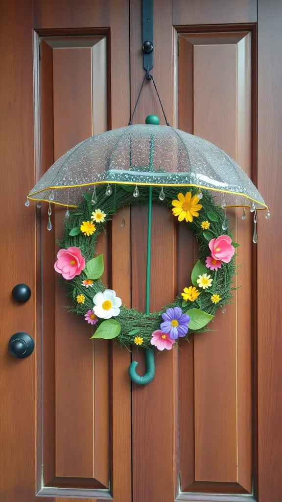 A decorative wreath shaped like an umbrella with colorful flowers, hanging on a wooden door.