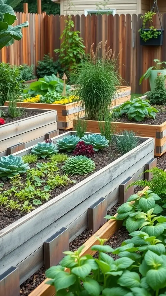 A backyard garden with raised vegetable beds filled with various plants and vegetables.