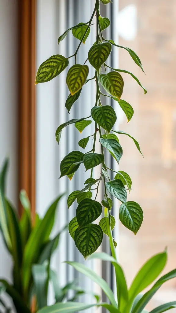 15 Stunning Hanging Plants to Beautify Your Living Room Windows 13 Close-up of a Rattlesnake Plant with patterned green leaves hanging in front of a window.