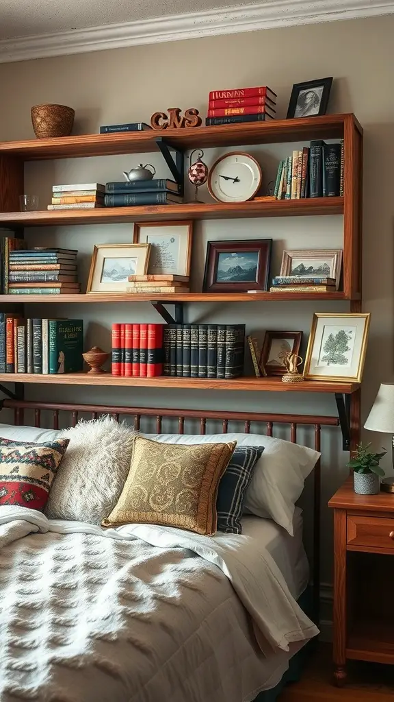 Reclaimed wood shelving units filled with books and decorative items above a cozy bed.