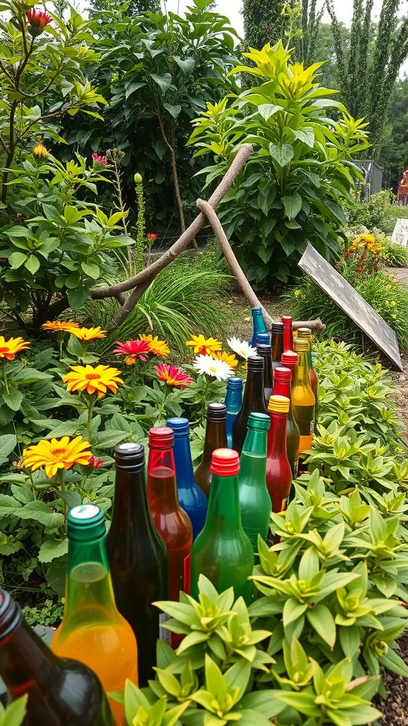 Colorful glass bottles arranged as garden edging among vibrant flowers.