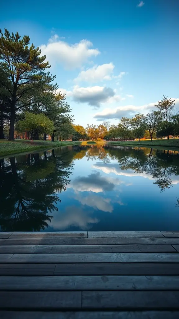 A tranquil reflective mirror pond surrounded by trees and blue skies.