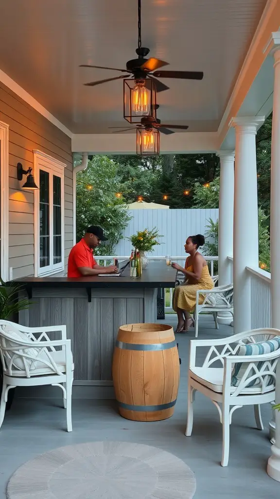21 Creative Outdoor Front Porch Ideas for a Cozy Welcome 13 A cozy outdoor bar setup on a front porch with a man working on a laptop and a woman enjoying a drink.