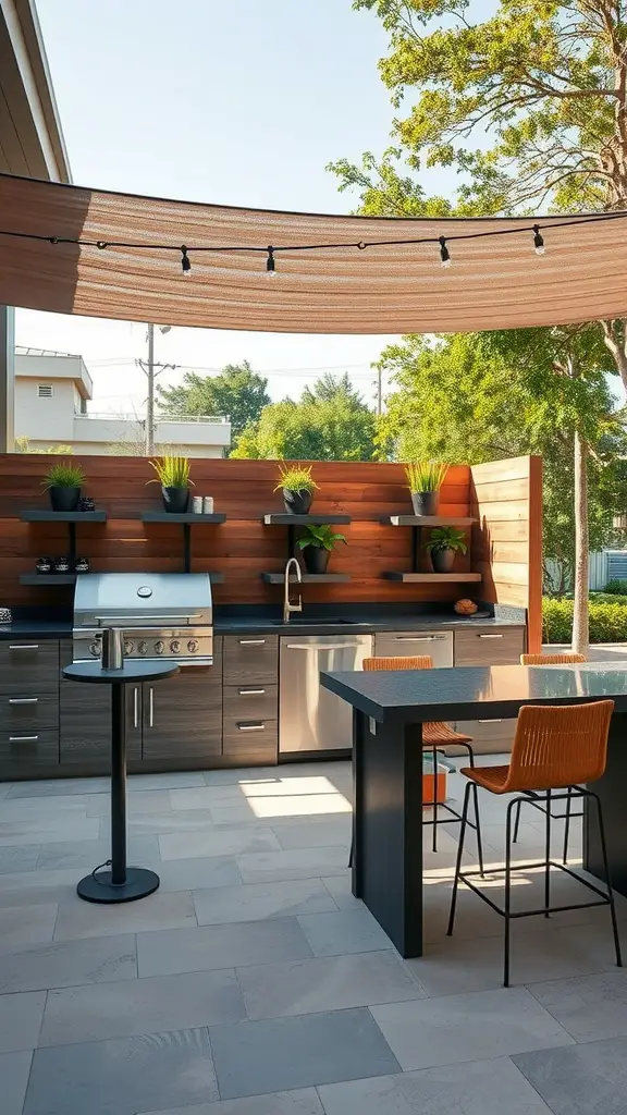 Outdoor kitchen with modern design, featuring a grill, countertop, and seating area