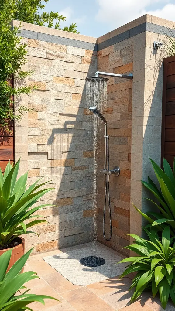 33 Creative Backyard Pool and Patio Ideas for Your Dream Outdoor Space 18 A modern outdoor shower surrounded by stone walls and lush plants.