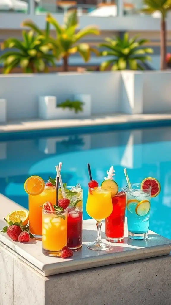 33 Creative Backyard Pool and Patio Ideas for Your Dream Outdoor Space 28 A variety of colorful drinks on a table next to a pool, featuring fruits and vibrant garnishes.
