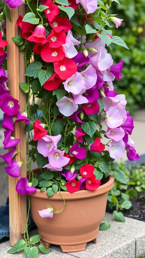 25 Beautiful Flowers Perfect for Container Gardening 25 A pot of colorful sweet pea flowers climbing a wooden post, featuring red, pink, and purple blooms.