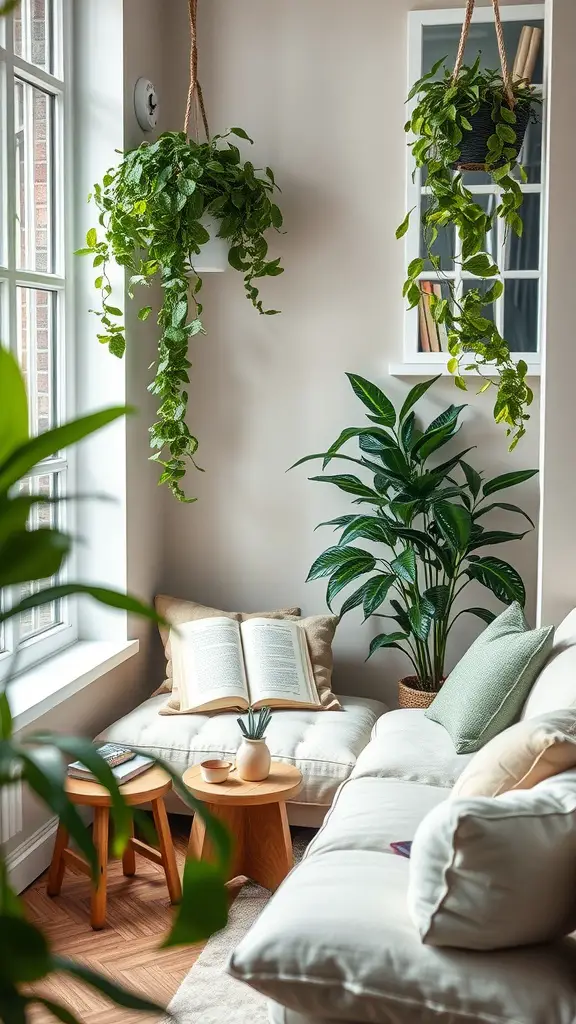 A cozy relaxation nook with a sofa, hanging plants, and a small table.