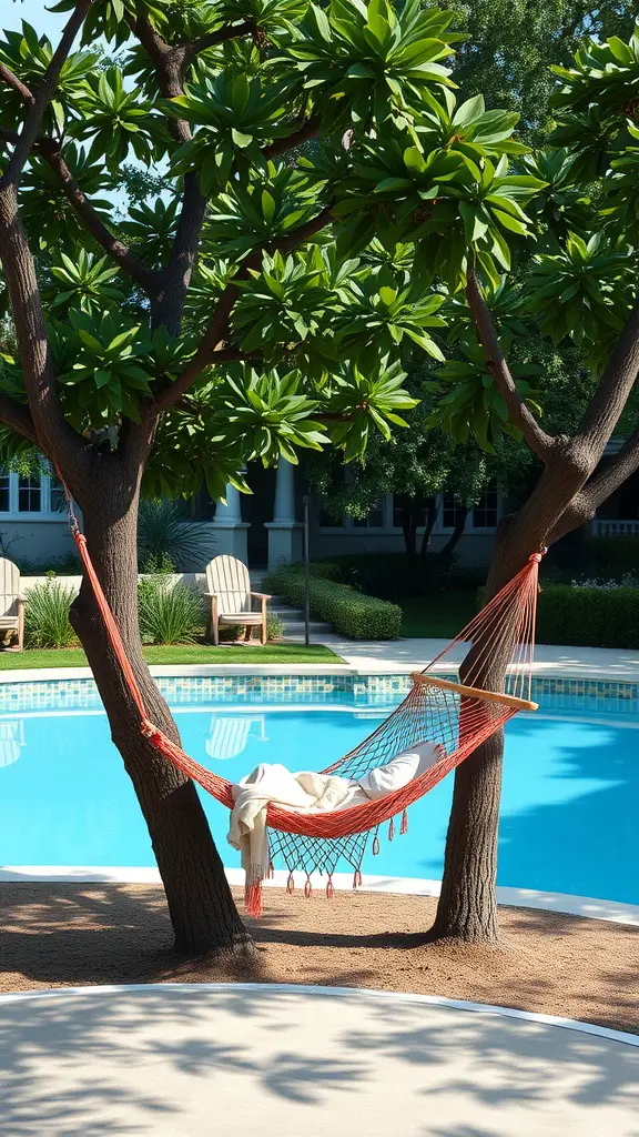 33 Creative Backyard Pool and Patio Ideas for Your Dream Outdoor Space 32 Hammock hanging between two trees near a pool, with a soft blanket draped over it.